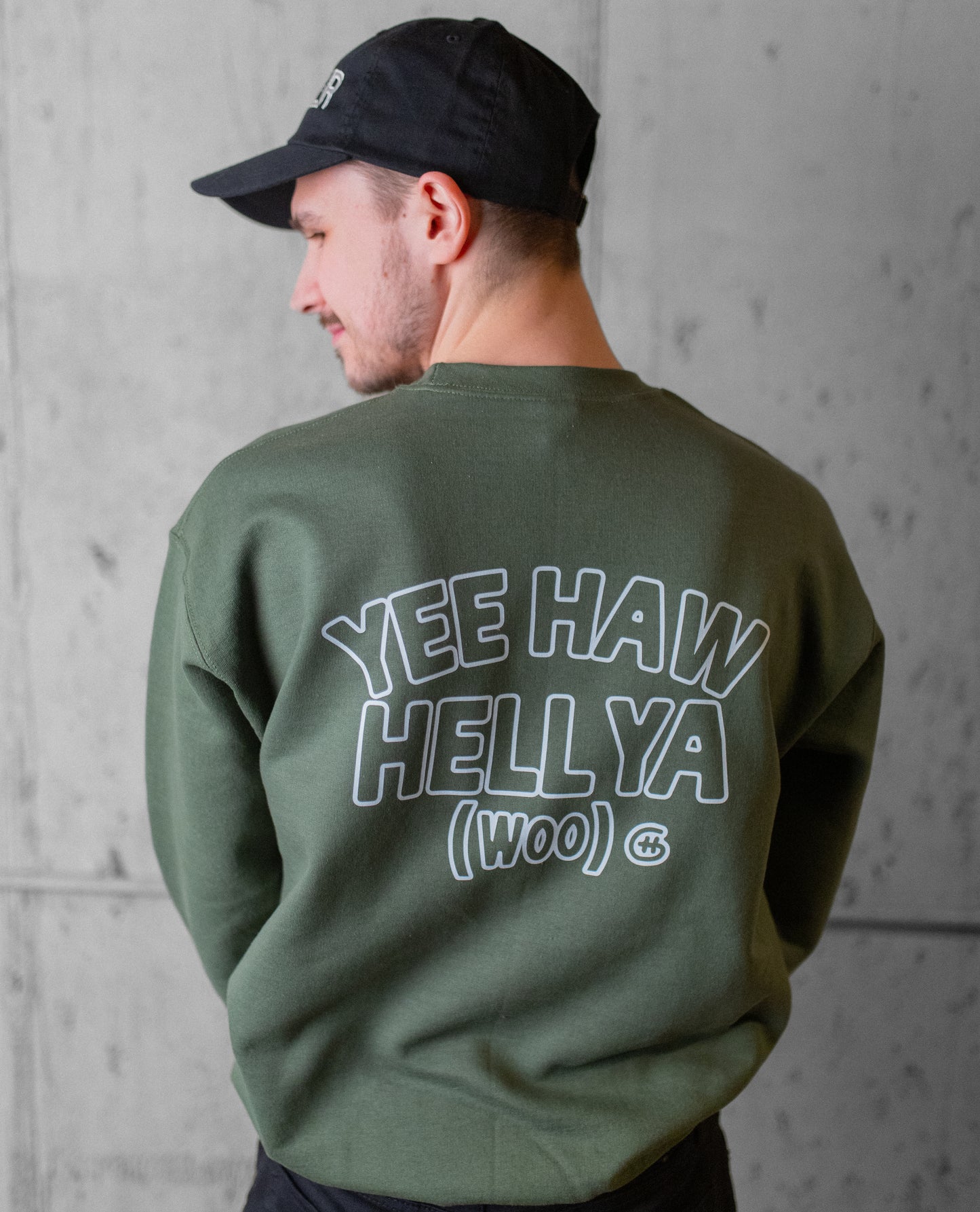 Good Hangs YEE HAW HELL YA Green Crewneck Rose Print